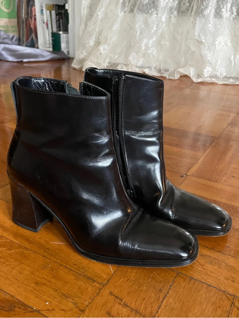 Via Spiga Black Leather Block Heel Ankle Boots